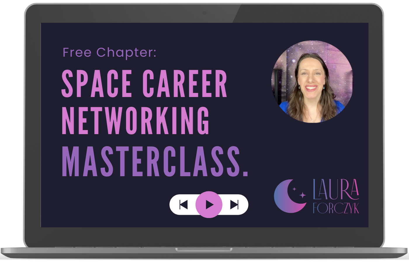 Intro frame of Laura Forczyk's Space Networking Masterclass on a computer screen